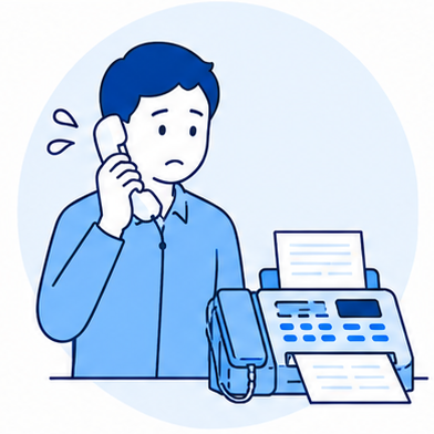 電話を受けながらFAXで届いた注文書を確認する担当者のイラスト